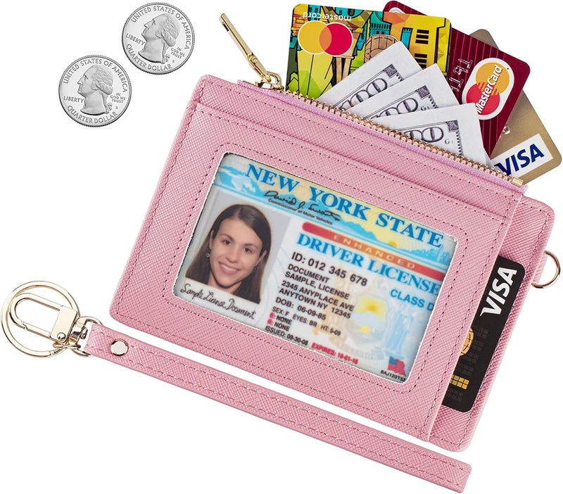 Wikavanli Women Slim Rfid Blocking Credit Card Case Holder Wristlet Zip ID Case Wallet Small Compact Leather Wallet Coin Purse with Keychain (Pink) - Image 2